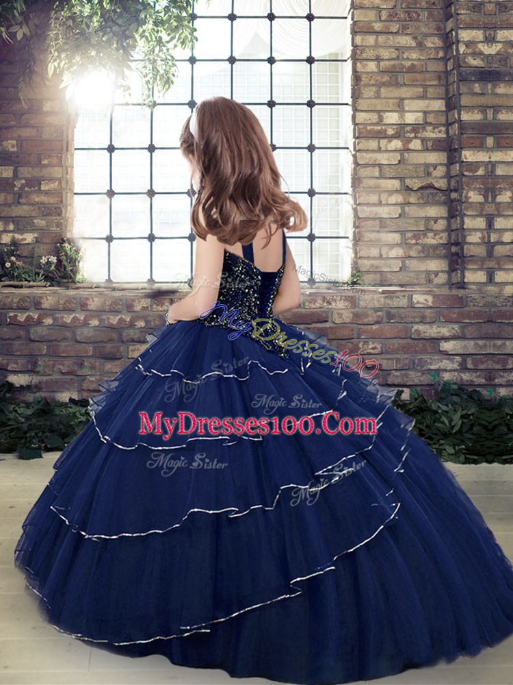 Fancy Peacock Green Sleeveless Floor Length Beading Lace Up Little Girl Pageant Gowns
