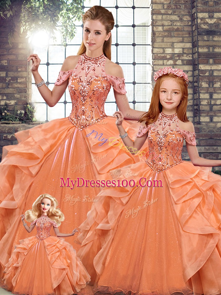 Sophisticated Orange Organza Lace Up Halter Top Sleeveless Floor Length Quince Ball Gowns Beading and Ruffles
