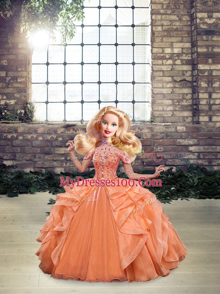 Sophisticated Orange Organza Lace Up Halter Top Sleeveless Floor Length Quince Ball Gowns Beading and Ruffles