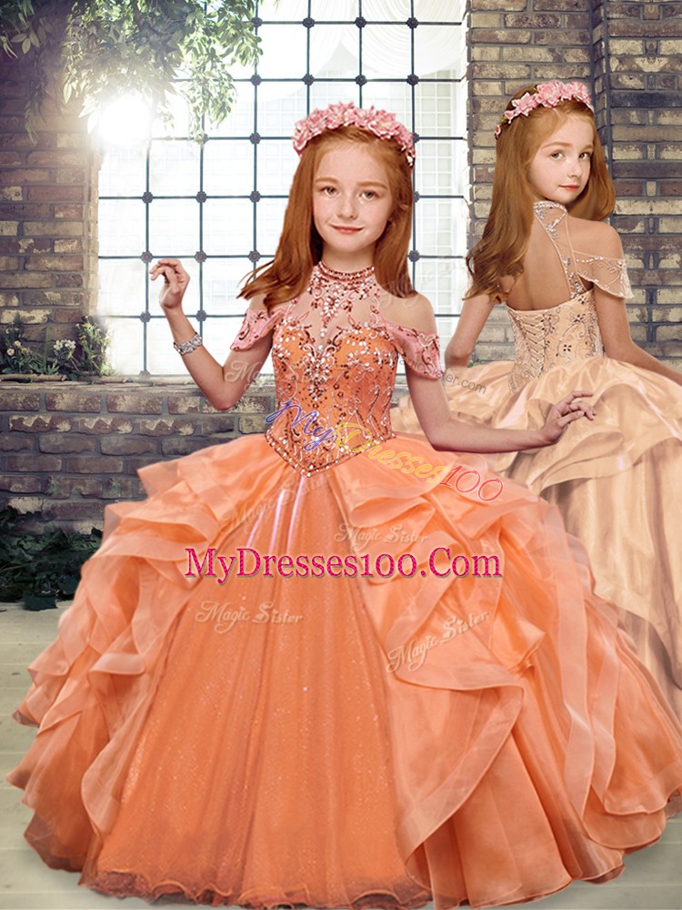 Sophisticated Orange Organza Lace Up Halter Top Sleeveless Floor Length Quince Ball Gowns Beading and Ruffles