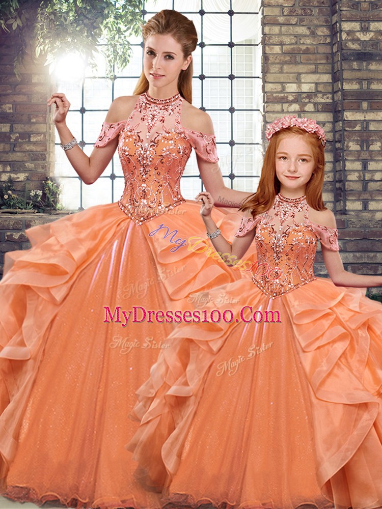 Sophisticated Orange Organza Lace Up Halter Top Sleeveless Floor Length Quince Ball Gowns Beading and Ruffles