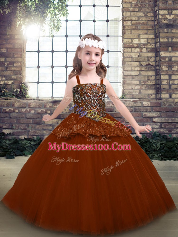 Straps Sleeveless Lace Up Pageant Dress Rust Red Tulle