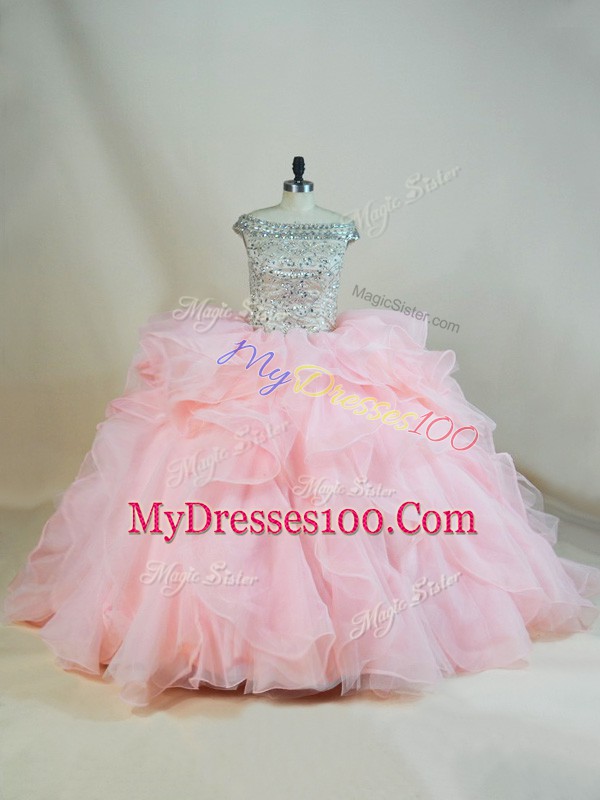 Pink Sweet 16 Dress Organza Brush Train Sleeveless Beading and Ruffles