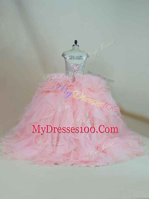 Pink Sweet 16 Dress Organza Brush Train Sleeveless Beading and Ruffles