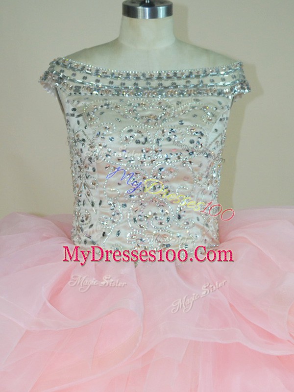 Pink Sweet 16 Dress Organza Brush Train Sleeveless Beading and Ruffles