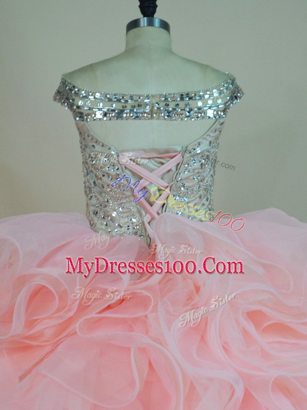Pink Sweet 16 Dress Organza Brush Train Sleeveless Beading and Ruffles