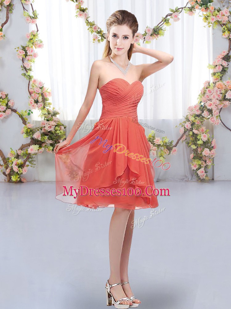 Latest Coral Red Lace Up Sweetheart Ruffles and Ruching Wedding Party Dress Chiffon Sleeveless