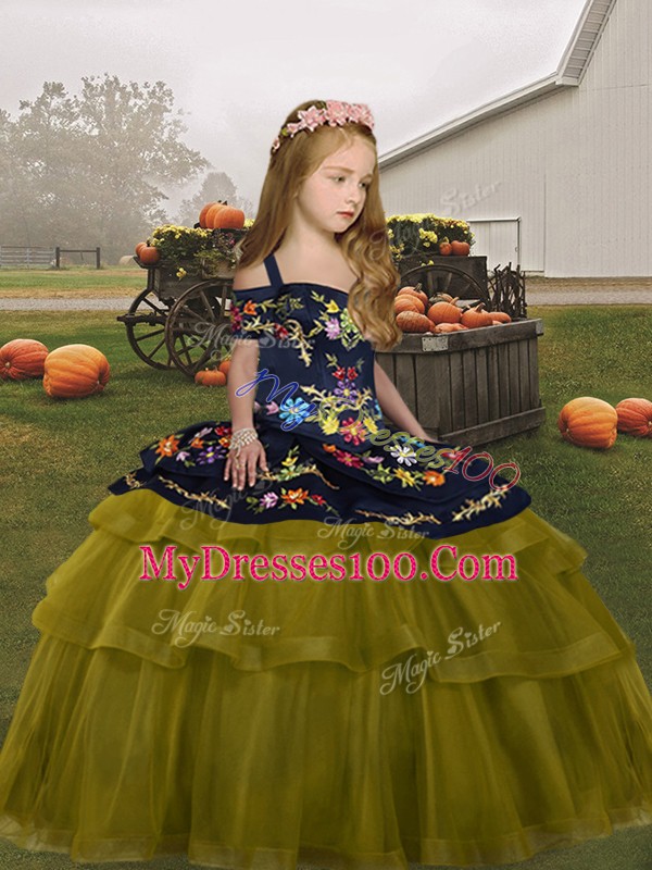 Affordable Olive Green Tulle Lace Up Little Girl Pageant Dress Sleeveless Floor Length Embroidery and Ruffled Layers