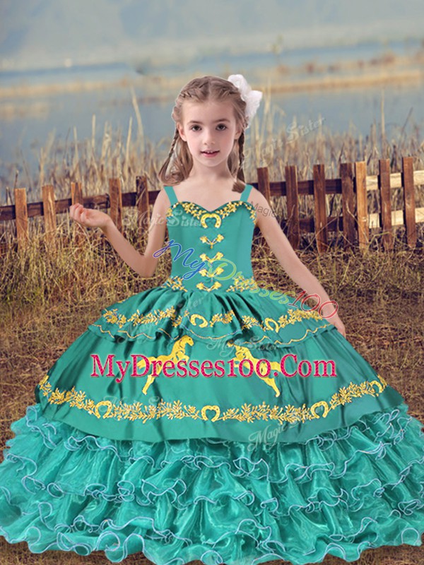 Floor Length Teal Pageant Gowns For Girls Straps Sleeveless Lace Up
