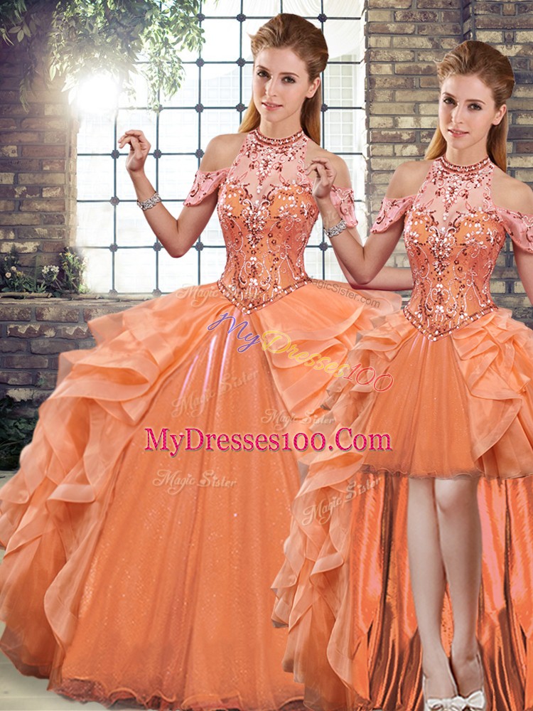 Organza Halter Top Sleeveless Lace Up Beading and Ruffles 15 Quinceanera Dress in Orange