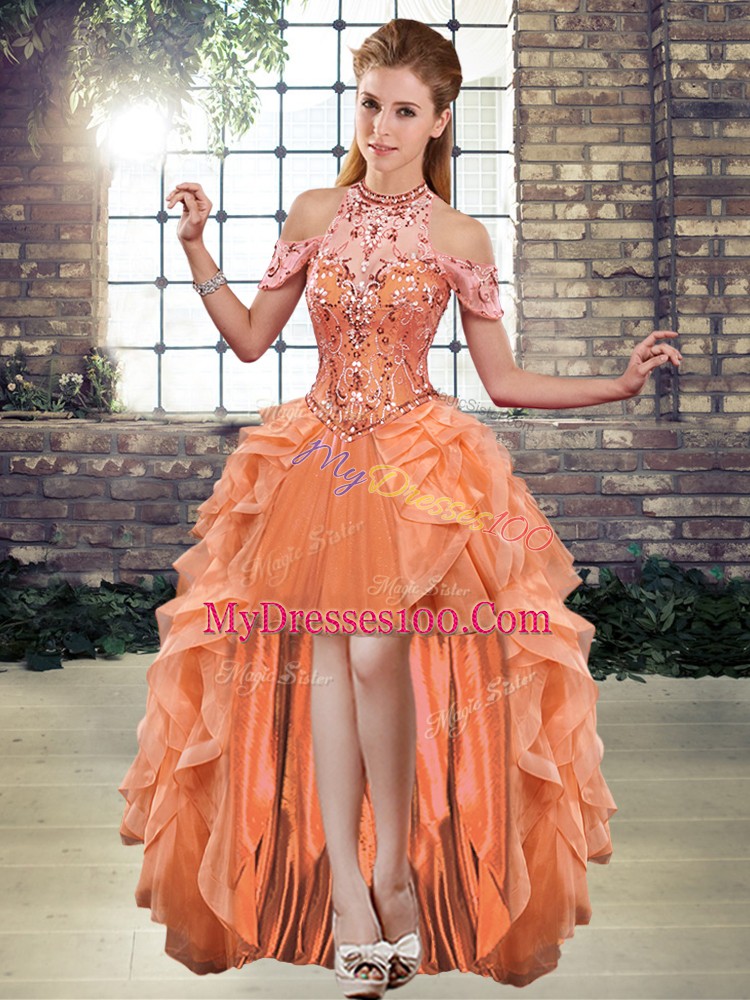 Organza Halter Top Sleeveless Lace Up Beading and Ruffles 15 Quinceanera Dress in Orange
