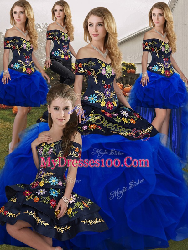 Elegant Embroidery and Ruffles Quinceanera Gown Royal Blue Lace Up Sleeveless Floor Length