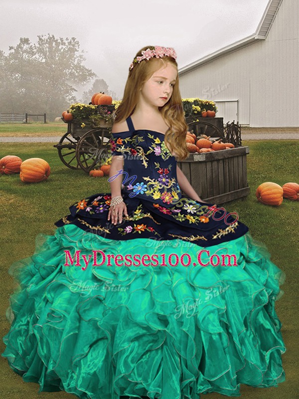 Turquoise Organza Lace Up Winning Pageant Gowns Sleeveless Floor Length Embroidery