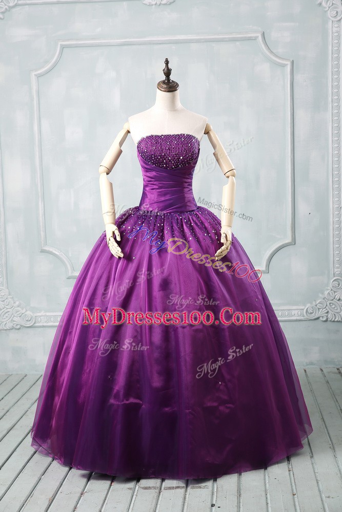 Purple Strapless Neckline Beading Quinceanera Dress Sleeveless Lace Up