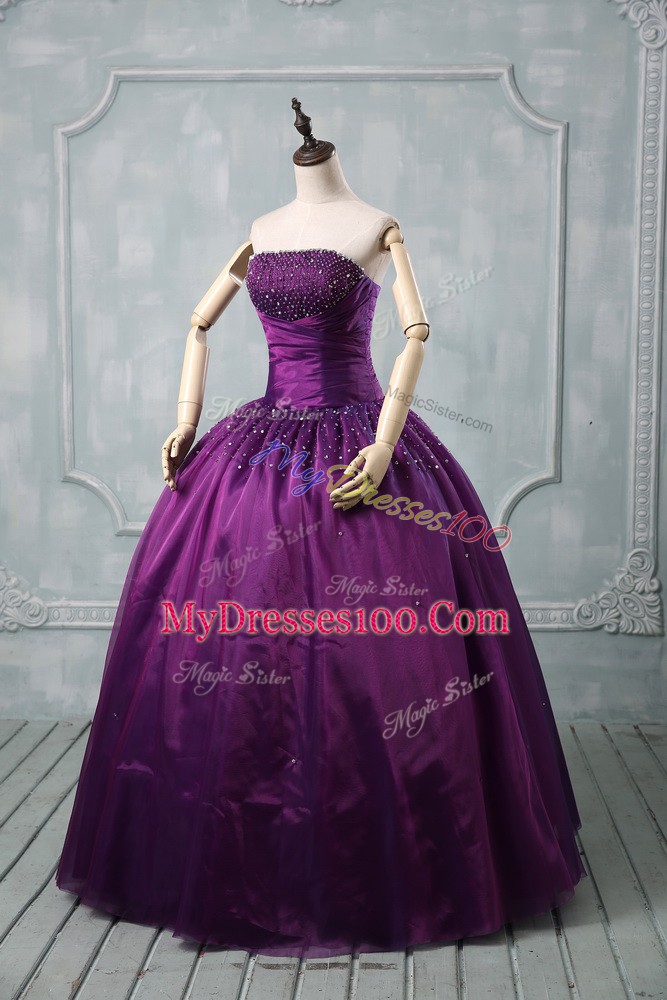 Purple Strapless Neckline Beading Quinceanera Dress Sleeveless Lace Up