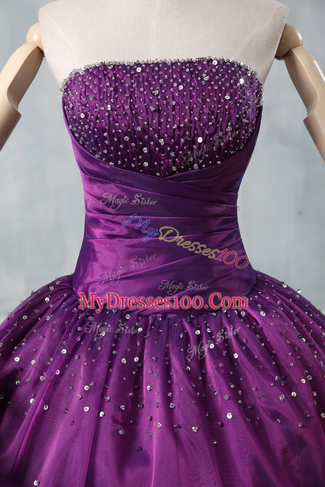 Purple Strapless Neckline Beading Quinceanera Dress Sleeveless Lace Up