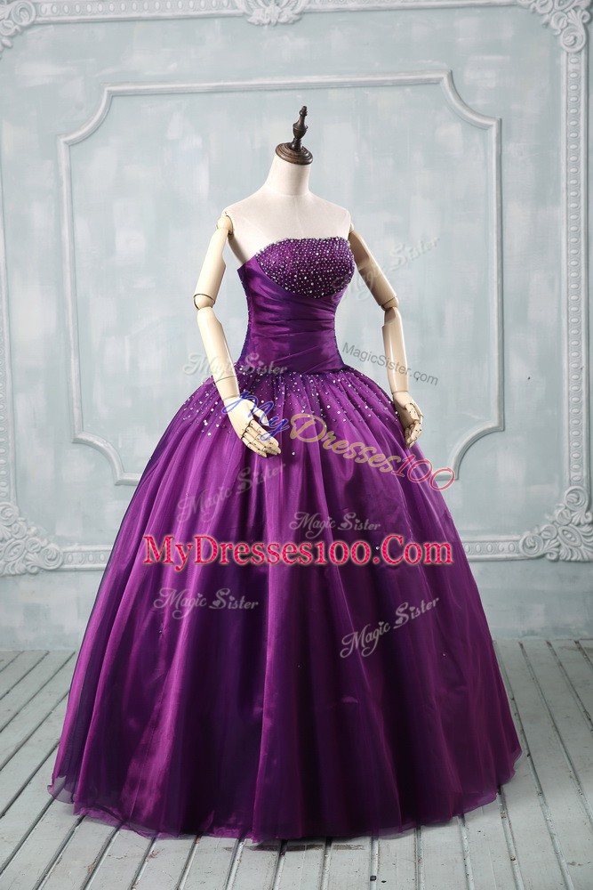 Purple Strapless Neckline Beading Quinceanera Dress Sleeveless Lace Up