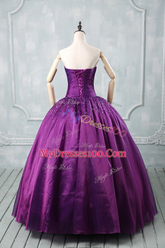 Purple Strapless Neckline Beading Quinceanera Dress Sleeveless Lace Up