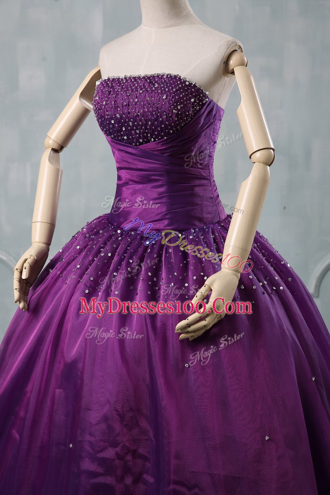 Purple Strapless Neckline Beading Quinceanera Dress Sleeveless Lace Up