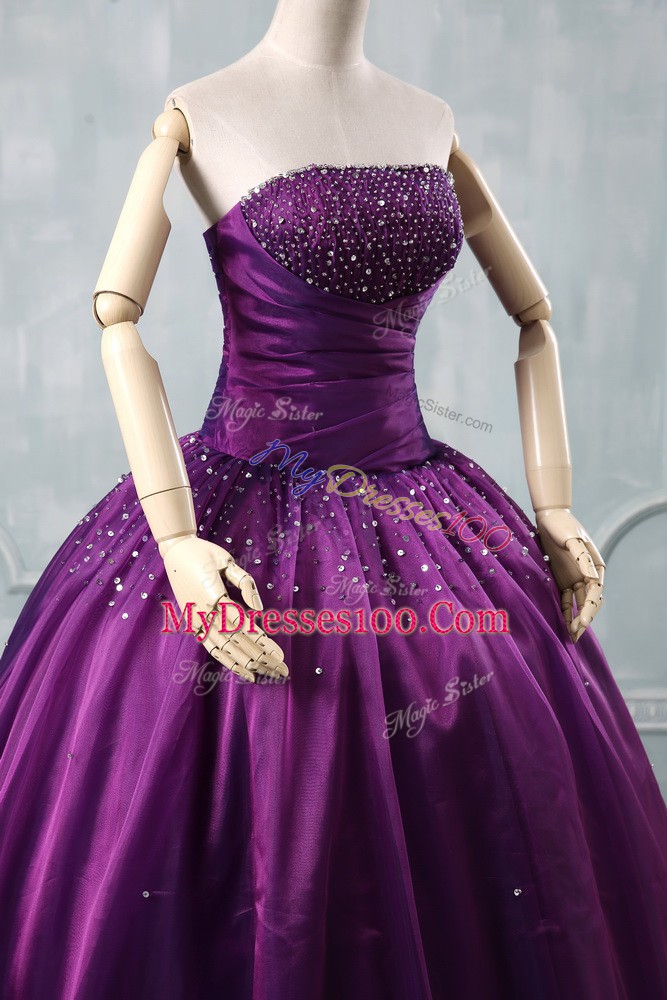Purple Strapless Neckline Beading Quinceanera Dress Sleeveless Lace Up