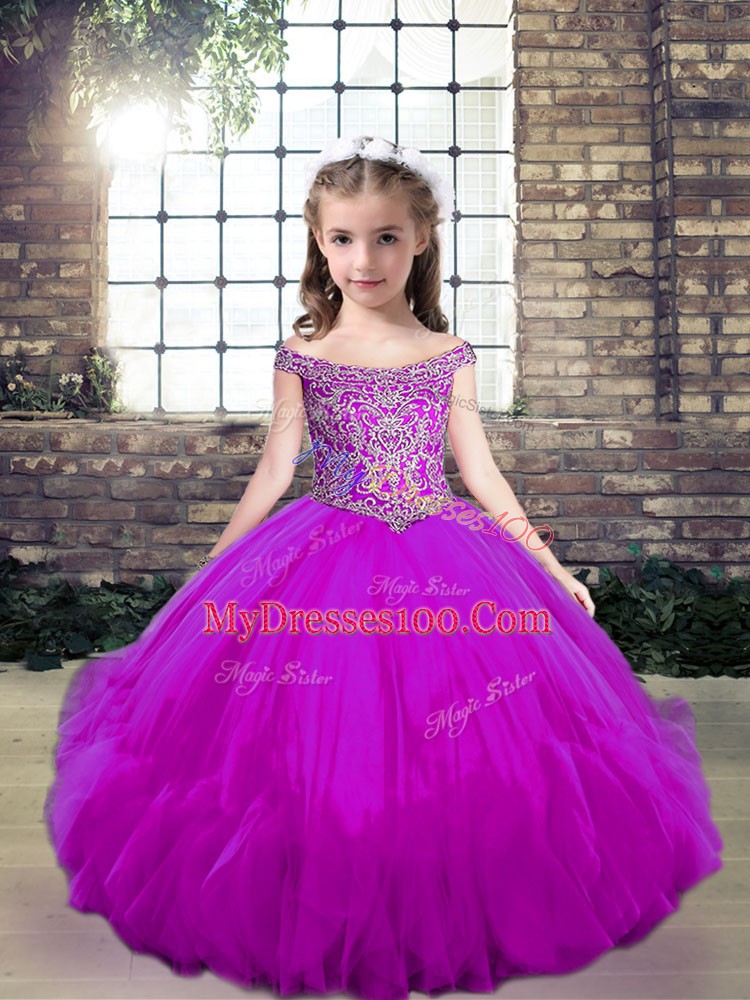 Fuchsia Ball Gowns Off The Shoulder Sleeveless Tulle Floor Length Lace Up Beading Little Girls Pageant Gowns