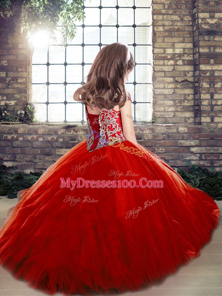 Fuchsia Ball Gowns Off The Shoulder Sleeveless Tulle Floor Length Lace Up Beading Little Girls Pageant Gowns