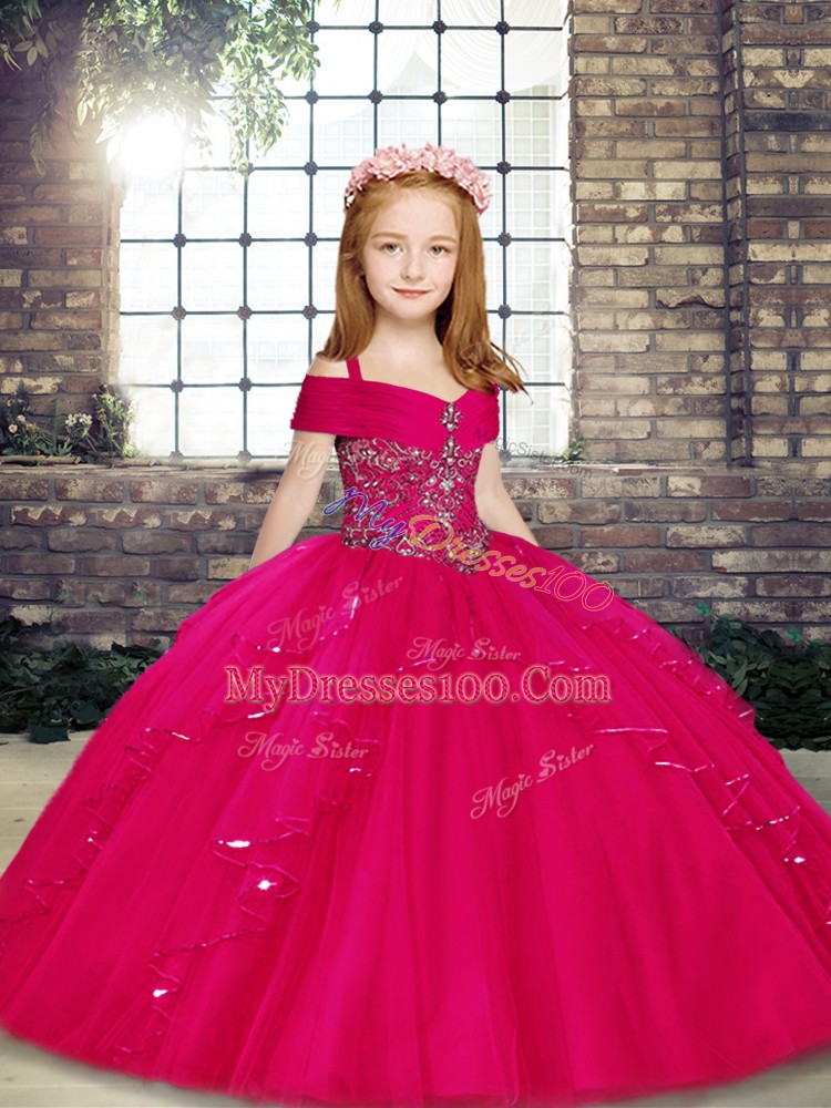 Graceful Straps Sleeveless Child Pageant Dress Floor Length Beading Fuchsia