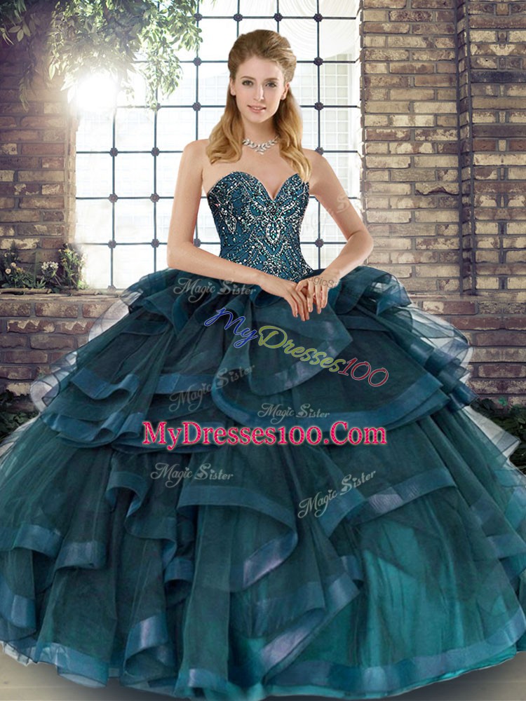 Sexy Tulle Sweetheart Sleeveless Lace Up Beading and Ruffles Quinceanera Dresses in Teal