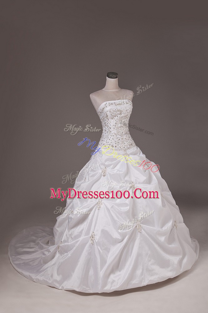 Super White Sleeveless Brush Train Beading and Pick Ups Bridal Gown
