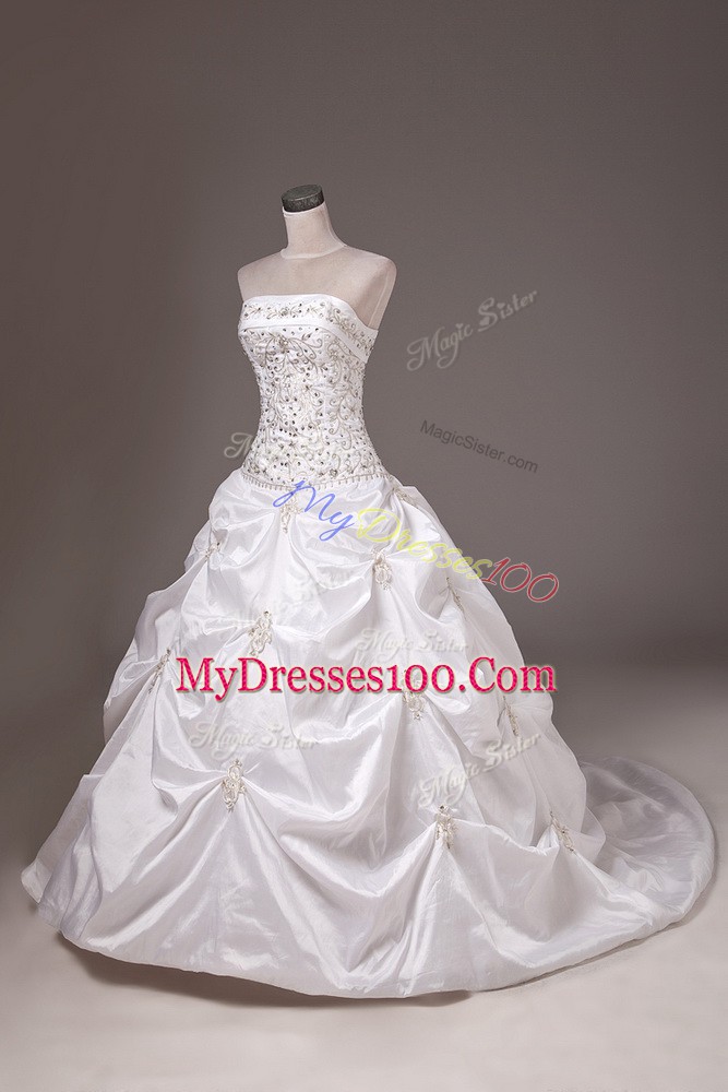 Super White Sleeveless Brush Train Beading and Pick Ups Bridal Gown