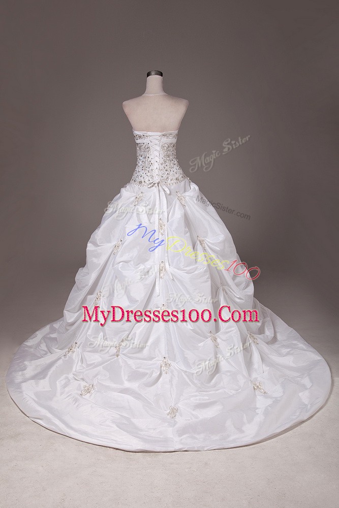 Super White Sleeveless Brush Train Beading and Pick Ups Bridal Gown