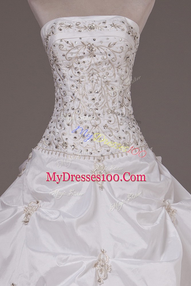 Super White Sleeveless Brush Train Beading and Pick Ups Bridal Gown