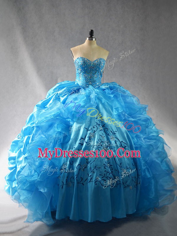 Dramatic Embroidery and Ruffles Sweet 16 Dresses Baby Blue Lace Up Sleeveless Floor Length