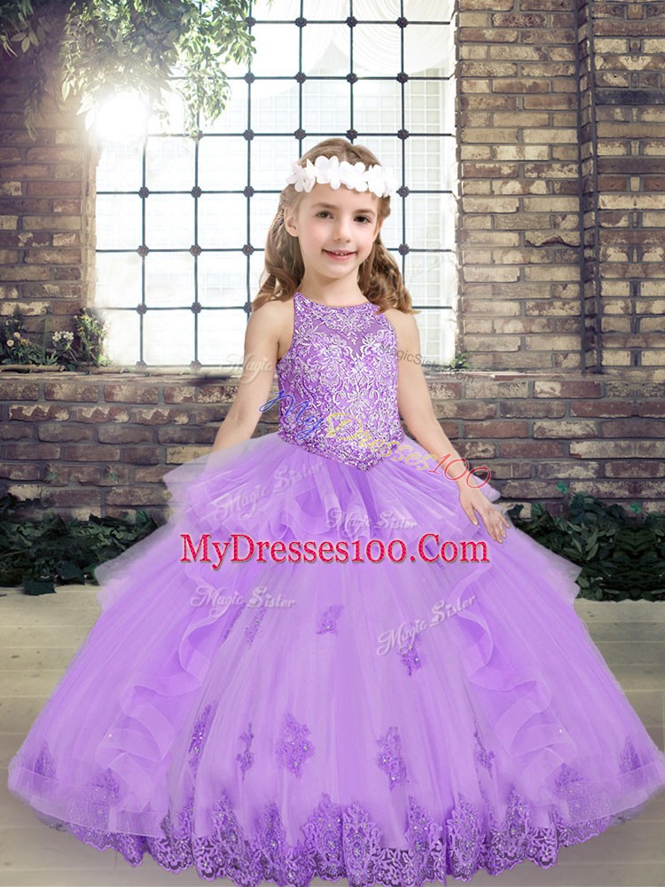 Sleeveless Tulle Floor Length Lace Up Kids Pageant Dress in Lavender with Lace and Appliques