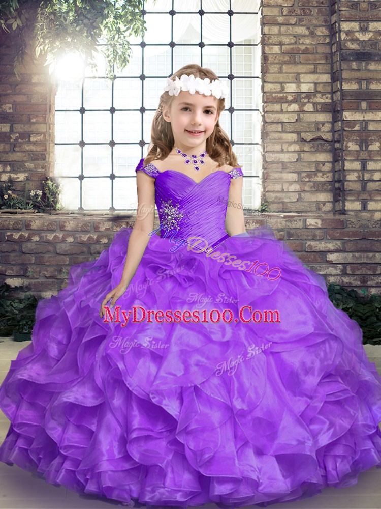 Pretty Lavender Organza Lace Up Straps Sleeveless Floor Length Pageant Dress Toddler Beading and Ruffles