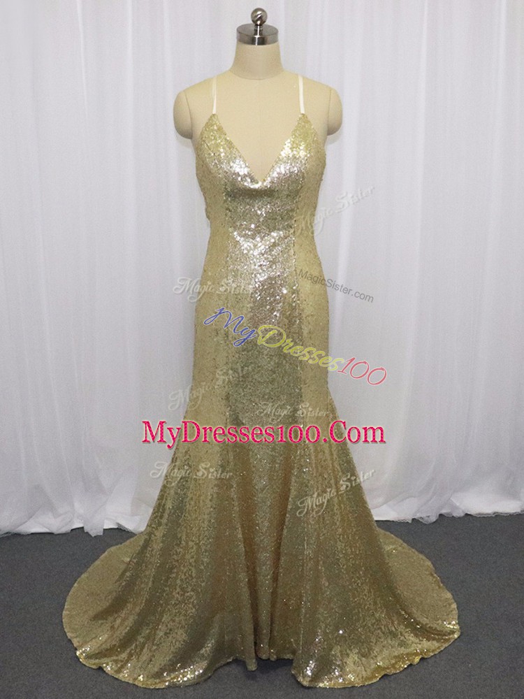 Exquisite Champagne Mermaid Sequined Spaghetti Straps Sleeveless Sequins Criss Cross Prom Party Dress Brush Train