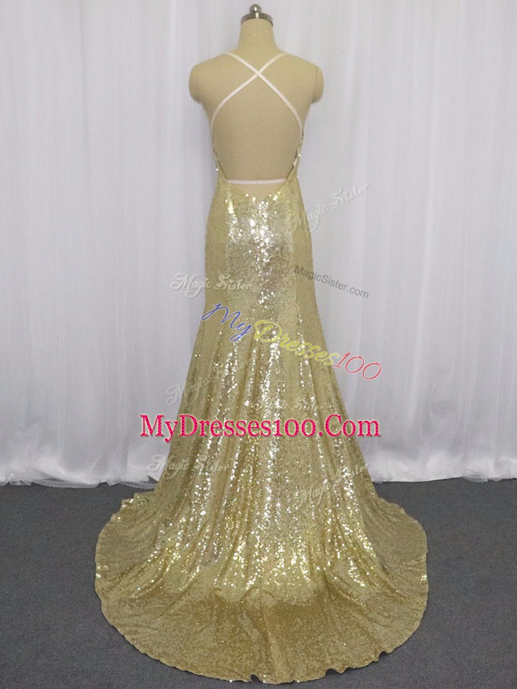 Exquisite Champagne Mermaid Sequined Spaghetti Straps Sleeveless Sequins Criss Cross Prom Party Dress Brush Train