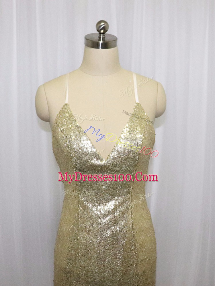 Exquisite Champagne Mermaid Sequined Spaghetti Straps Sleeveless Sequins Criss Cross Prom Party Dress Brush Train