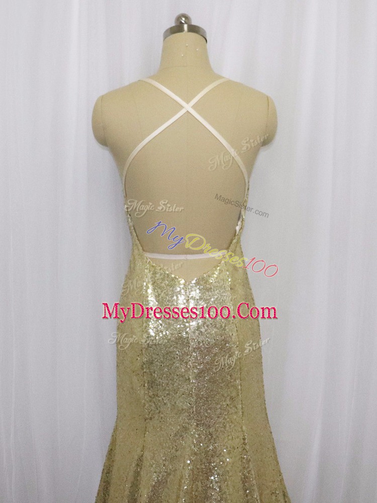 Exquisite Champagne Mermaid Sequined Spaghetti Straps Sleeveless Sequins Criss Cross Prom Party Dress Brush Train