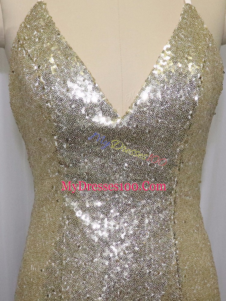 Exquisite Champagne Mermaid Sequined Spaghetti Straps Sleeveless Sequins Criss Cross Prom Party Dress Brush Train