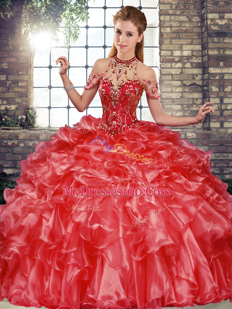 Spectacular Organza Halter Top Sleeveless Lace Up Beading and Ruffles Sweet 16 Quinceanera Dress in Coral Red