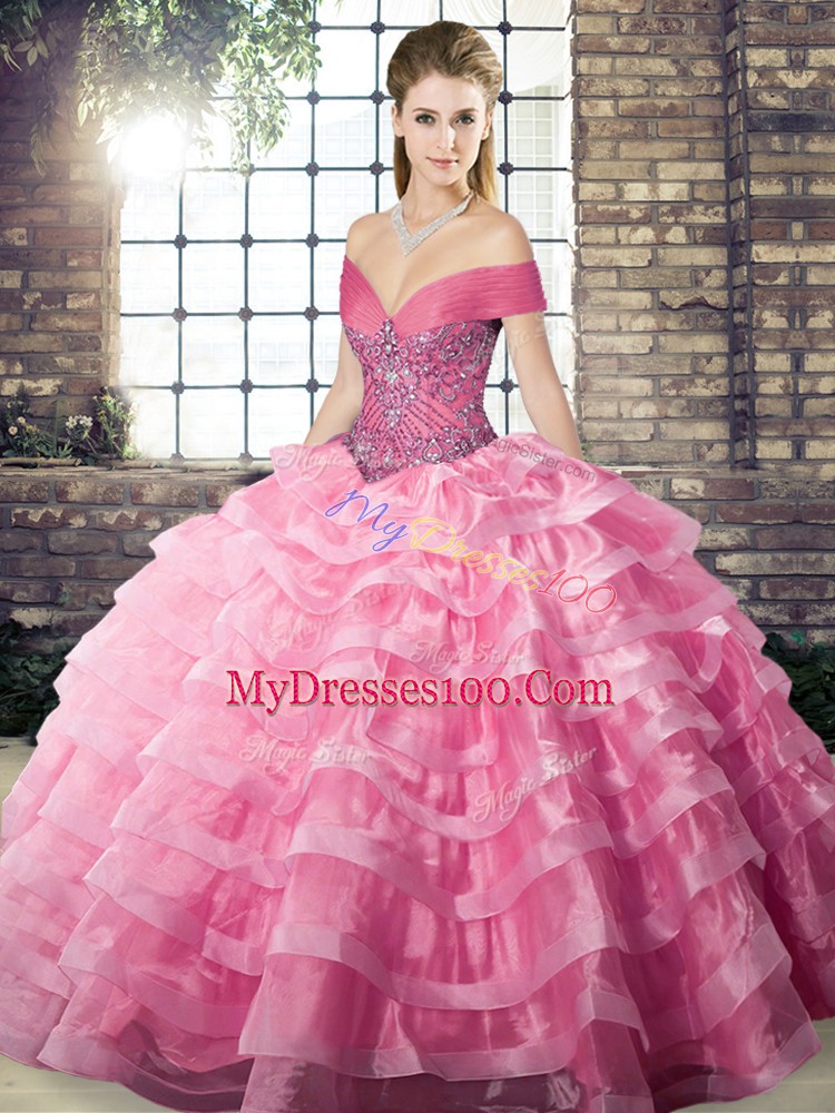 Super Rose Pink Ball Gowns Organza Off The Shoulder Sleeveless Beading and Ruffled Layers Lace Up Quinceanera Dress Brush Train