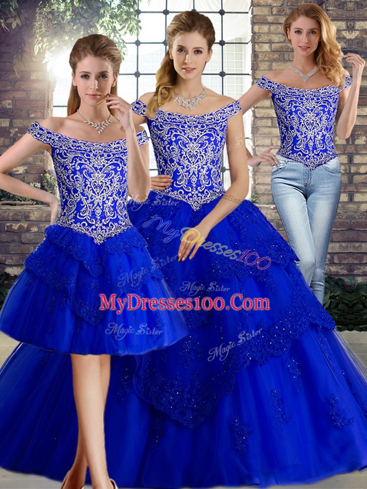 Royal Blue Lace Up Sweet 16 Dresses Beading and Lace Sleeveless Brush Train