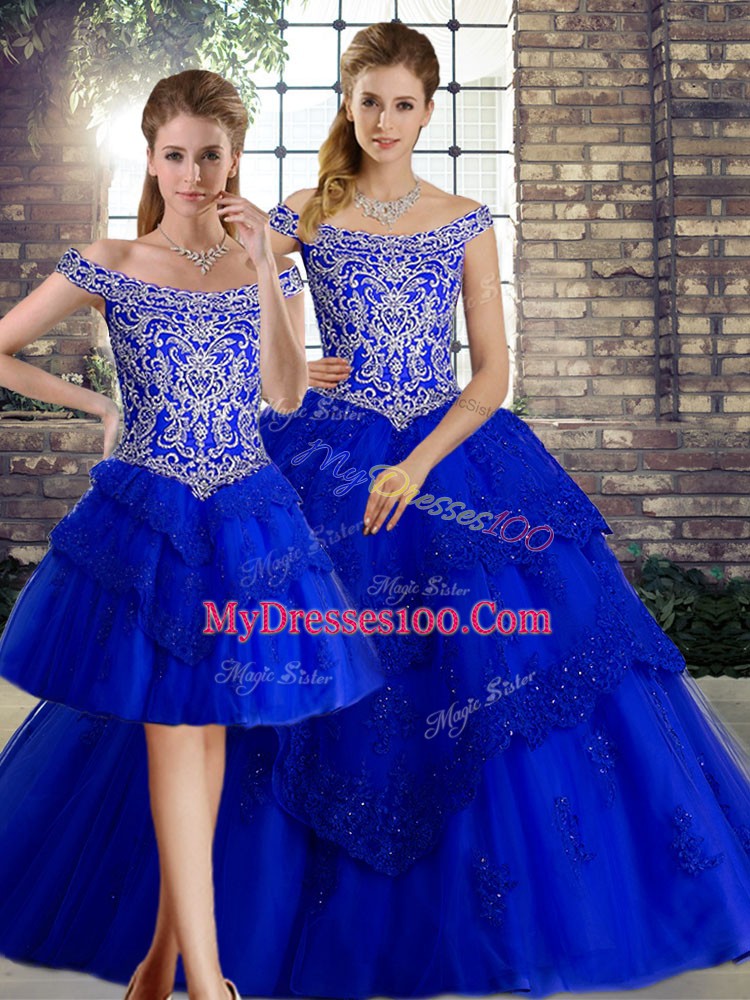 Royal Blue Lace Up Sweet 16 Dresses Beading and Lace Sleeveless Brush Train