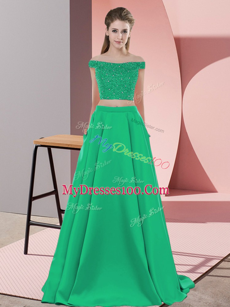 Sleeveless Beading Backless Prom Gown with Turquoise Sweep Train