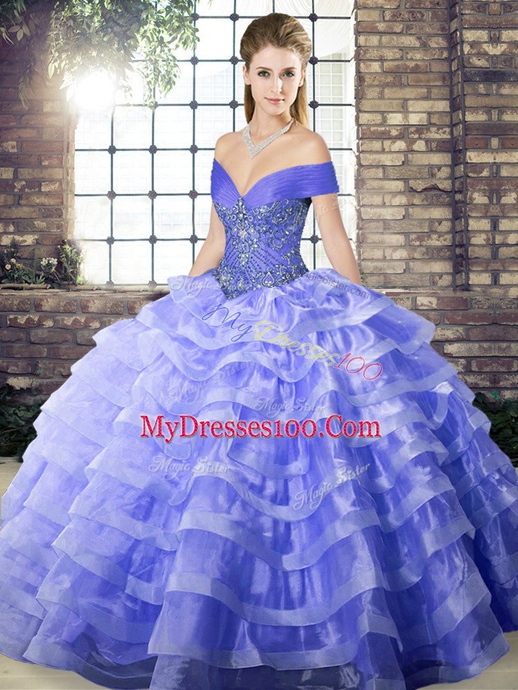Dramatic Lavender Off The Shoulder Neckline Beading and Ruffled Layers 15 Quinceanera Dress Sleeveless Lace Up