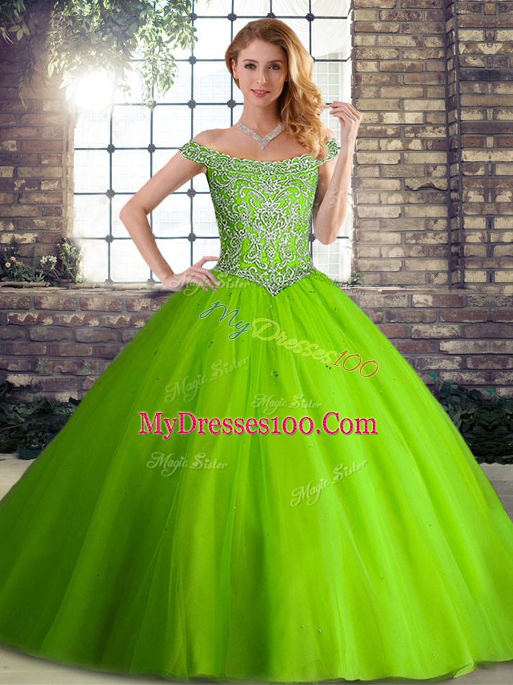 Customized Ball Gowns Beading Sweet 16 Dresses Lace Up Tulle Sleeveless