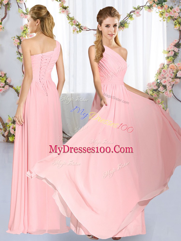 Top Selling Sleeveless Floor Length Ruching Lace Up Damas Dress with Baby Pink