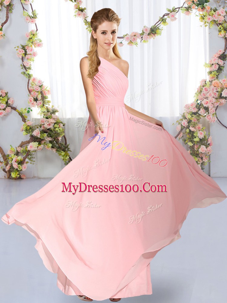 Top Selling Sleeveless Floor Length Ruching Lace Up Damas Dress with Baby Pink