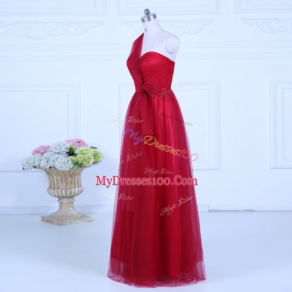 Great Wine Red Empire Tulle One Shoulder Sleeveless Ruching Floor Length Zipper Bridesmaid Dress